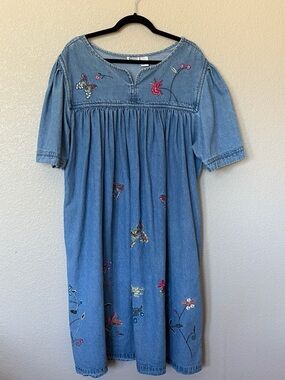 VINTAGE G UNIT MIDI DENIM DRESS FLOWER EMBROIDERED SIZE 1X